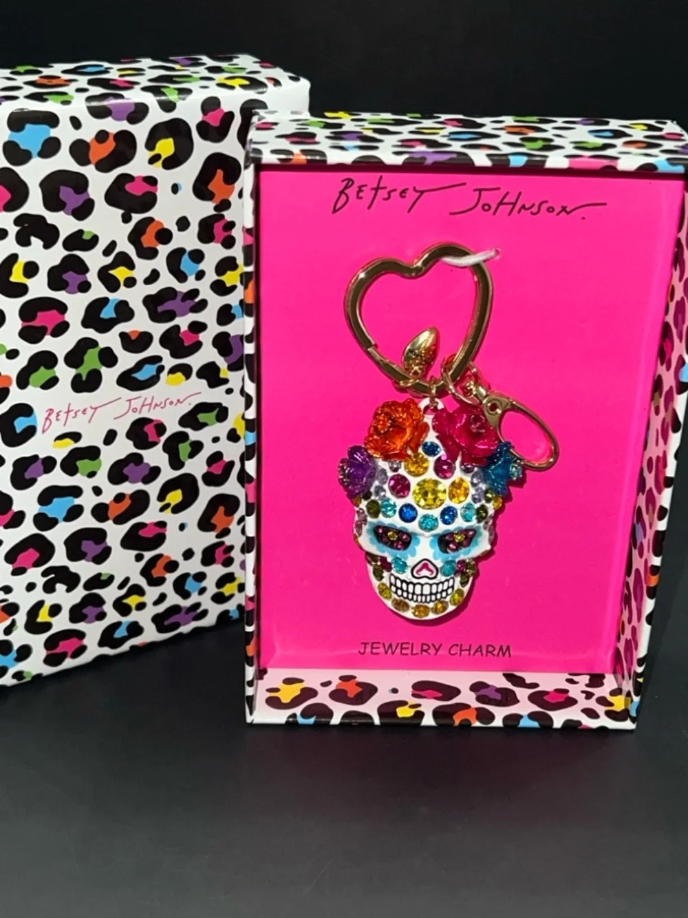 NIB Betsey Johnson Gold-Tone Multicolor Rhinestone Sugar Skull Key Charm